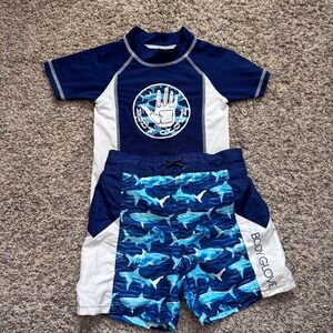 Body Glove Kids Swim Set Size 5 Navy Blue Shark Rash Guard Swim Trunks